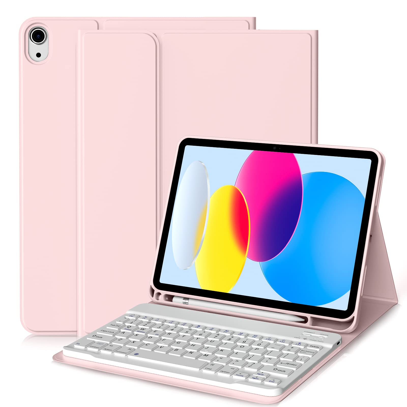 aoub for iPad 10th Generation Case with Detachable Bluetooth Keyboard, Smart Stand Folio Cover with Pencil Holder for iPad 10th Gen, Pink