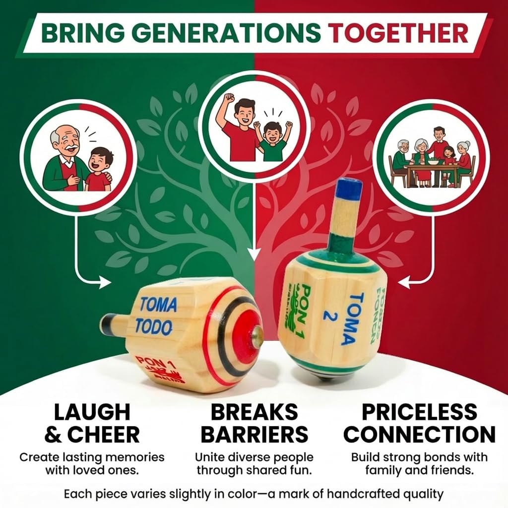 Alondra's Imports Pirinola Toma Todo Set – Mexican Fiesta, Kids and Adults Family Party Games, Bachelor Parties or Baby Shower, Wood Spinning Top Game - Premium Quality Finish - Complete Set of 2