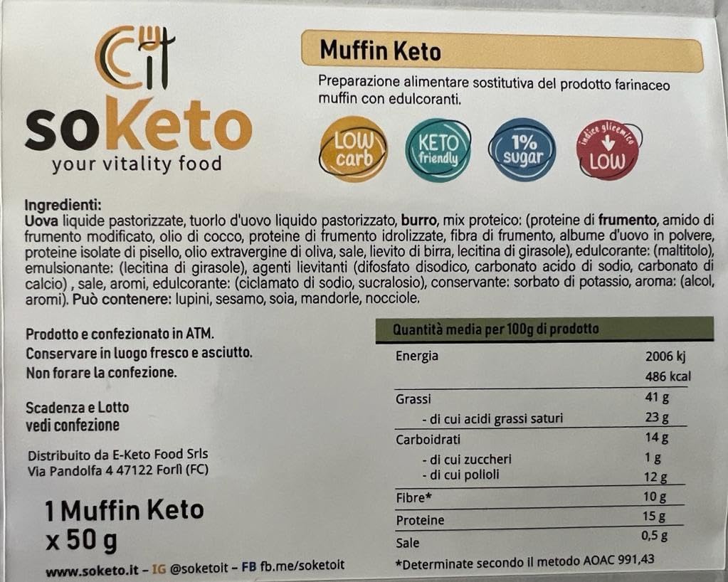 SOKETO Dolce Keto Muffin per Dieta Keto e Pochi carbo Merendina Colazione Spuntino-Dolce per Dieta Keto/Proteica/Low Carb, Anche per diabetici IG<2, Anziani e bambini (6x50g)