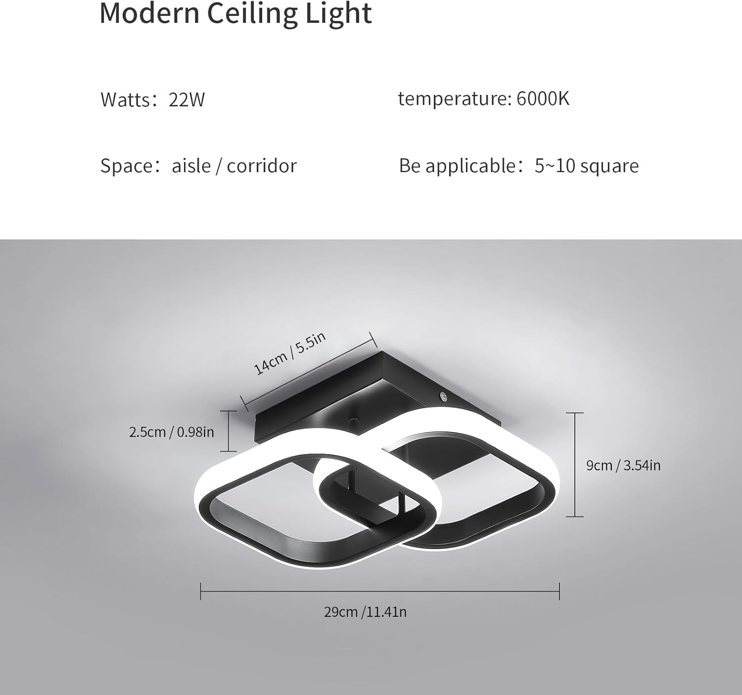Small LED Hallway Ceiling Light, 2 Square Frames Modern Ceiling Light, 6500K Flush Mount Ceiling Light Fixtures for Hallway Living Room Bedroom Kitchen Closet, Black