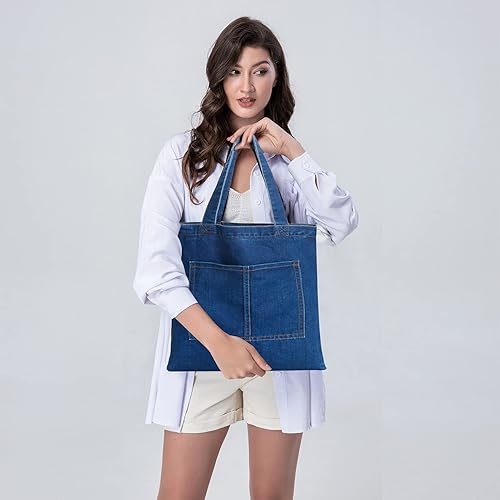 Miniatura 3 de Bolso de mano de mezclilla para mujer, con cremallera, de lona, estético, bolso grande para playa, compras, escuela, trabajo