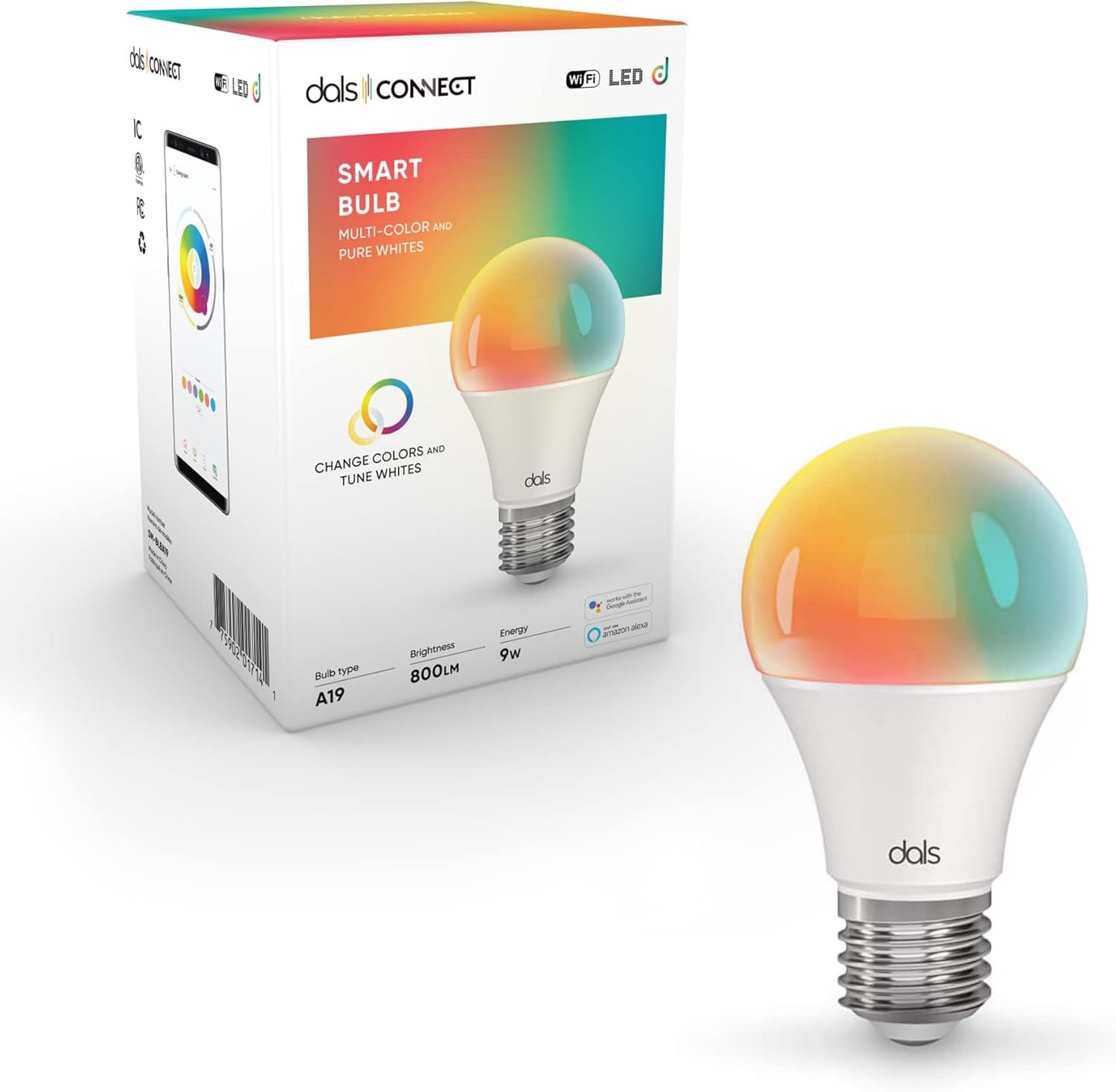 DALS Lighting Smart A19 RGB and CCT LED Light Bulb with its packaging