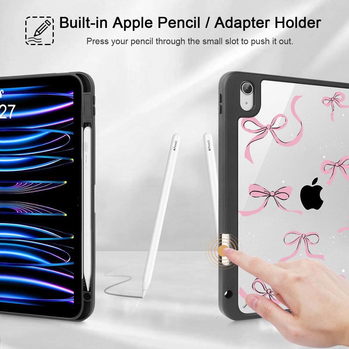 May Chen for iPad (A16) 11th Generation Case 11 Inch 2025, iPad 10th Gen Case 2022 10.9 inch, Built-in Pencil Holder with Shockproof Cover Clear Transparent Back Shell Auto Wake/Sleep, Black Stars Bow
