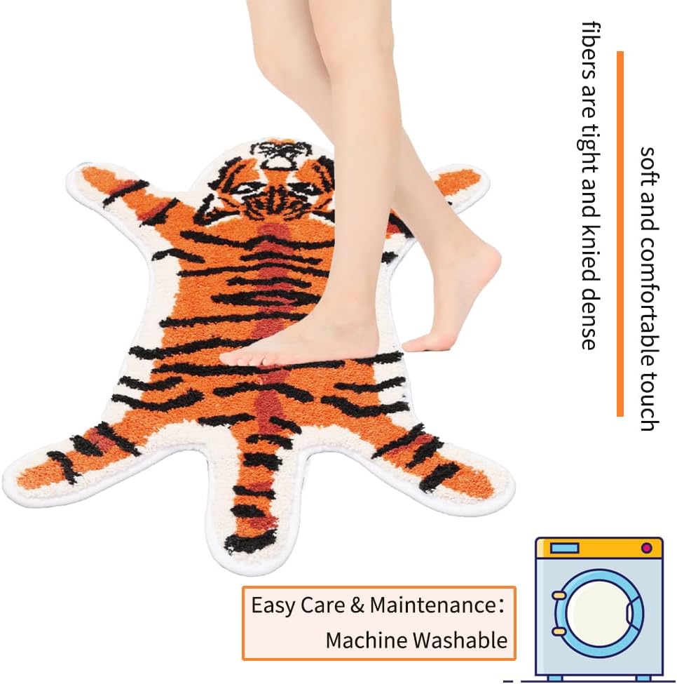Tiger Bath Mat for Bathroom, Cute Orange Tiger Cartoon Non Slip Animal Shaped Absorbent Small Bathtub Rug Bathroom Decor Aesthetic Plush Shower Rugs 21.4inx32.2in