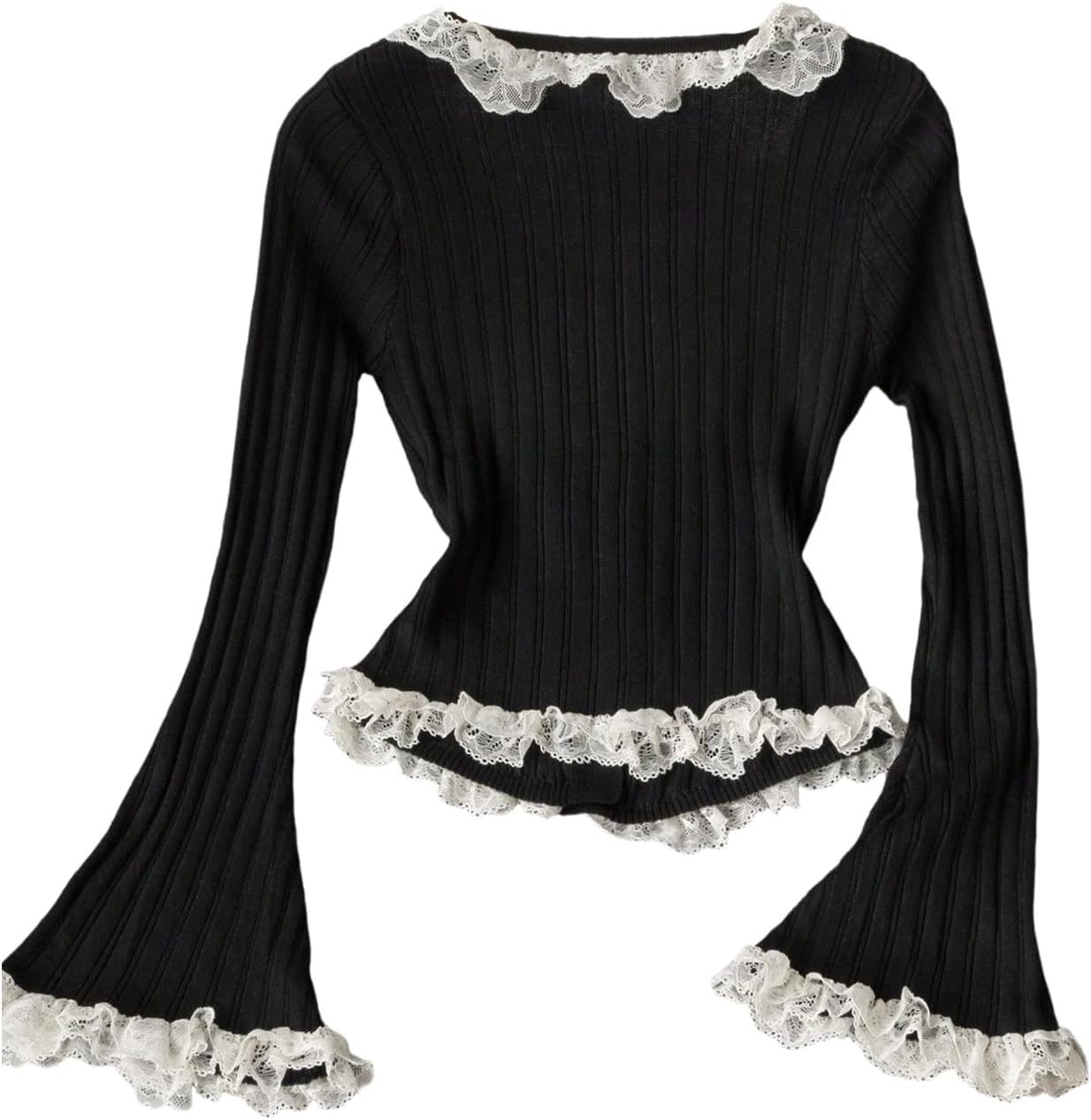 MakeMeChic Women's Ribbed Knit Cardigan with Square Neck Top Lace Trim Long Sleeve Cardigan Slim Sweater - Image 3