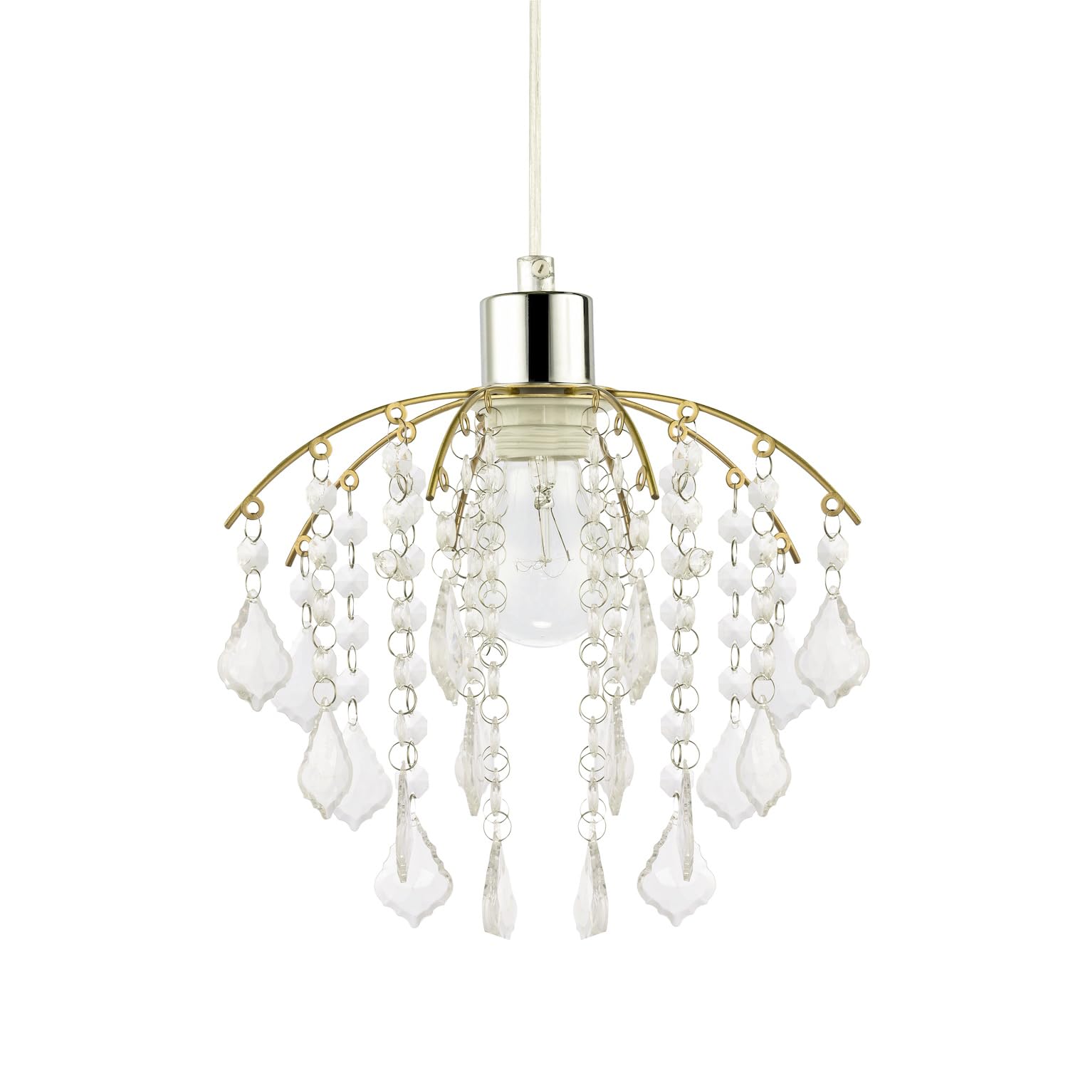 Traditional Classic Waterfall Pendant Lamp Shade with Clear Acrylic Droplets and Beads on Brushed Gold Metal Frame | 21cm x 28cm by Happy Homewares