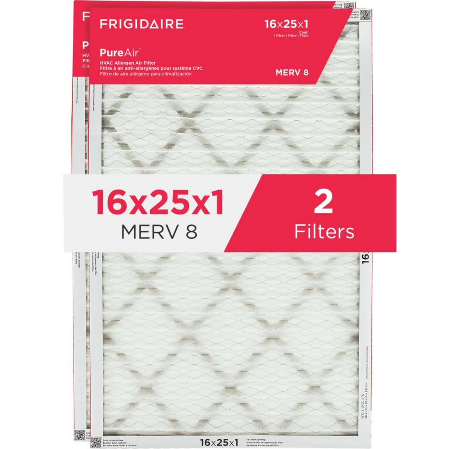 frigidaire pureair® 16" x 25" x 1" merv 8 allergen air filter - 2 pack