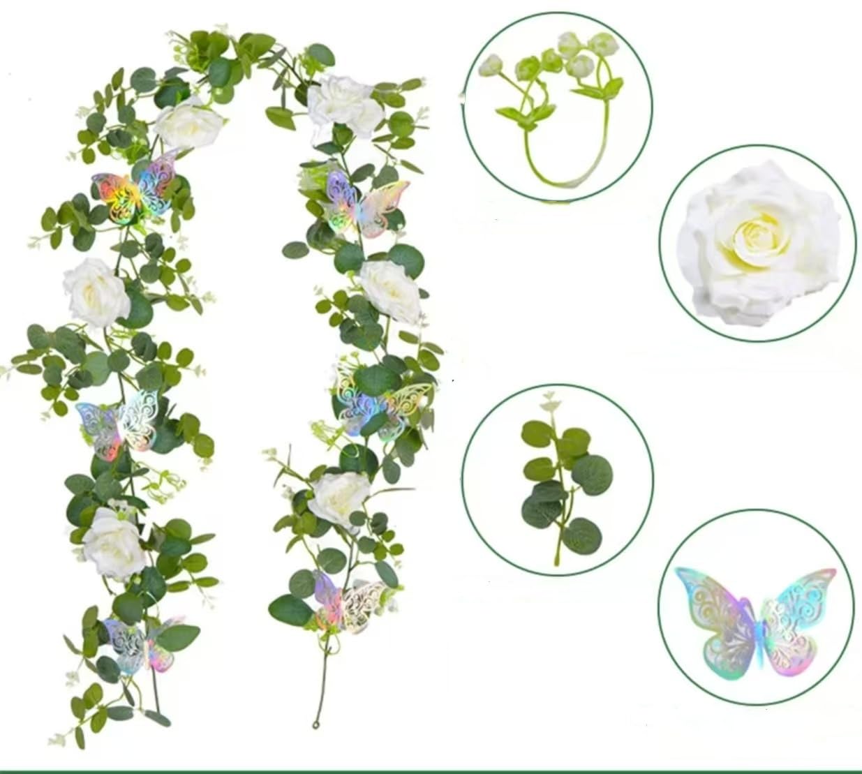 Künstliche Pfingstrosen-Girlande, 1,5 m, künstliche Blumenranke mit Schmetterlingen und Eukalyptus, Hochzeit, Zuhause, Wandbehang, Dekoration, Weiß, 2 Stück