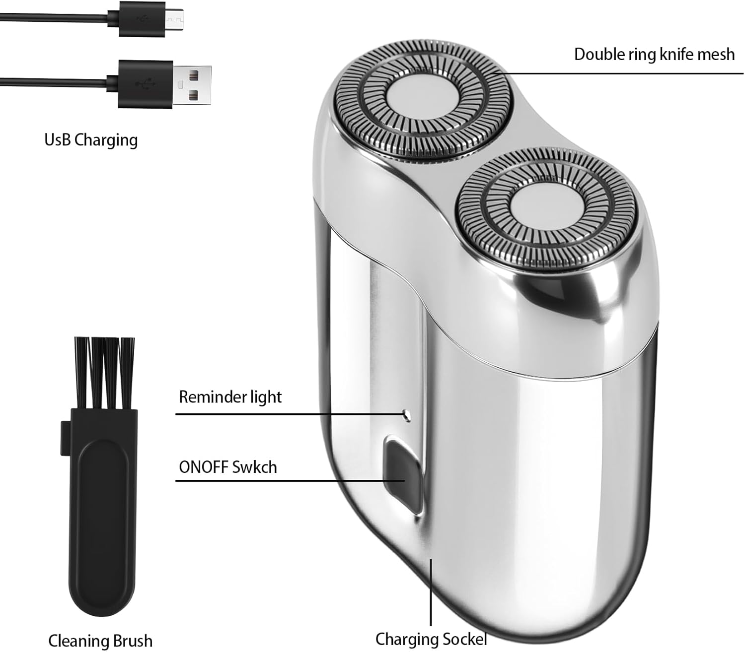 Mini Electric Shaver for Men, Upgrade Pocket Dual Head Shaver, Portable Razor for Men, Rechargeable Waterproof Compact Travel Electric Razor, USB Close Battery shavers (Silver) - Image 3