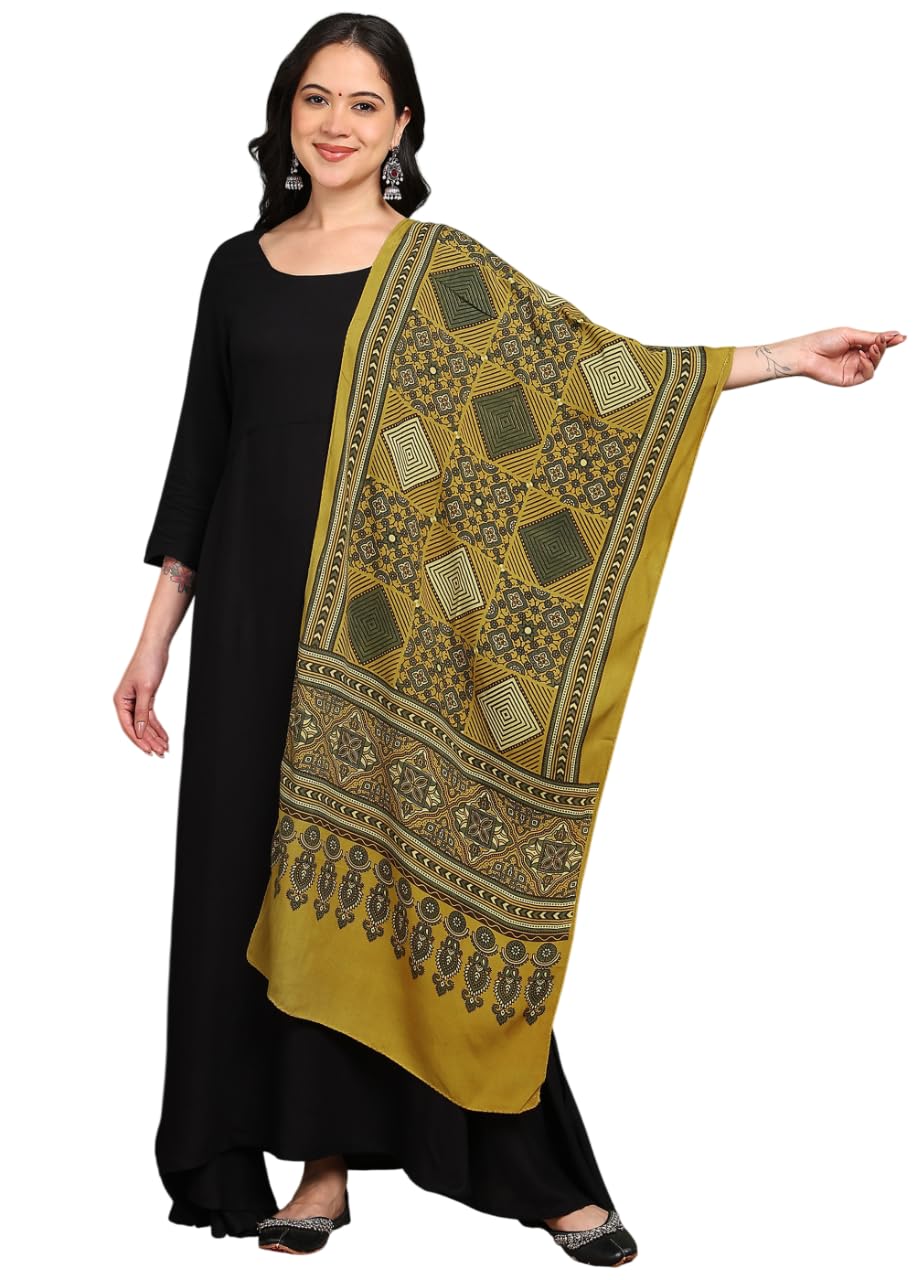 amrozia Ajrakh Natural Dyed Mustard Block Print Rayon Stole-picture-50