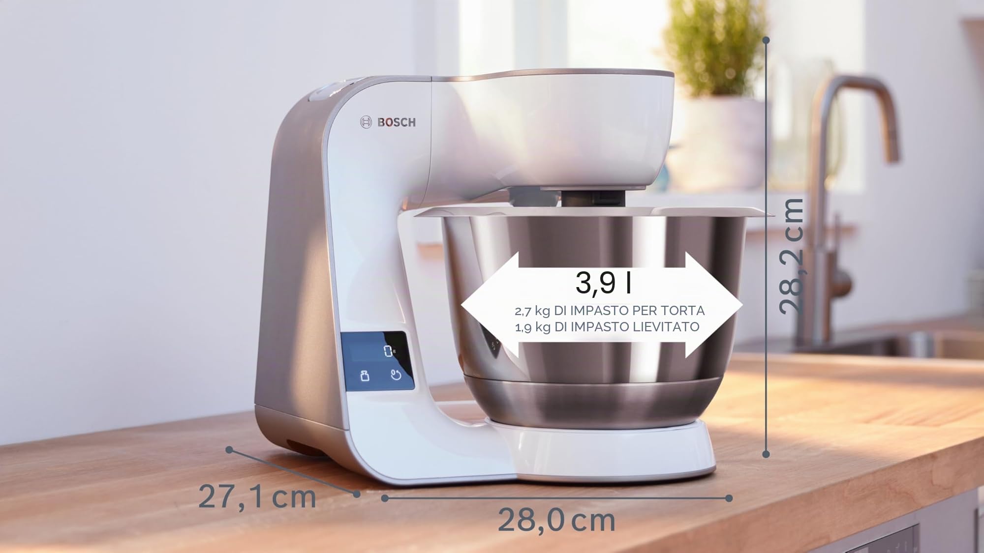 Bosch Serie 4 Planetaria MUM5XW20, 1000W, Ciotola in Acciaio Inox da 3,9 L, 7 Livelli di Velocità, Timer Integrato, Fruste, Gancio, Frullatore e Dischi Vari Inclusi, Lavabili in Lavastoviglie, Bianco