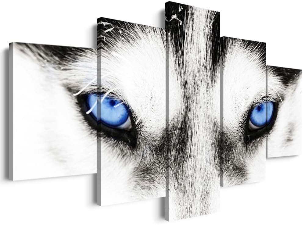 YOUHONG 5 Piece Dog Wall Decor Blue Eyes Husky Wall Art Animal Canvas Wall Art Black and White Dog Wall Art Animal Decorations for The Home and Office Decor (50''W x 24''H)