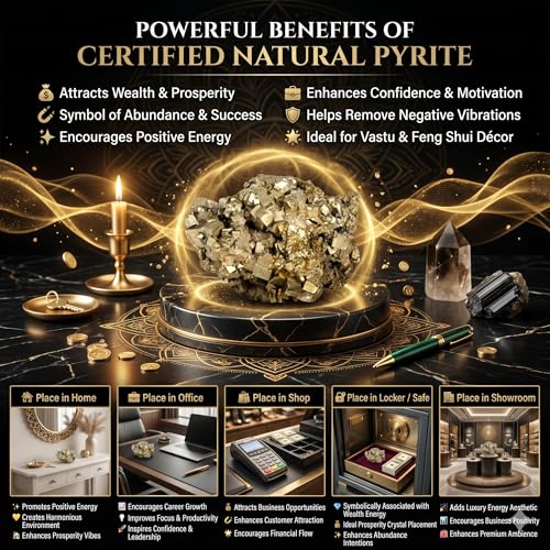 Image of inchOriginal Pyrite Stone with Natural Selenite Charging Plate | Lab Certified Crystal Set for Wealth, Business Luck, Reiki Healing & Vastu Energy inch (SEL+ COLOUR)