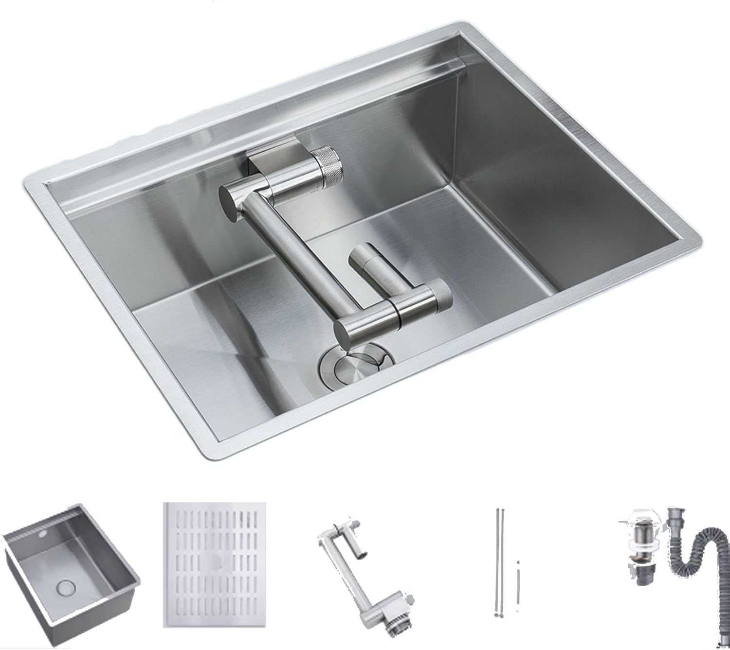 304 Stainless Steel RV Sink, Drain Cover Small RV Sink Set, with Multi Angle Folding Faucet Hot and Cold Water + Purified Water 15.7x12.6x6.5in(Silver)