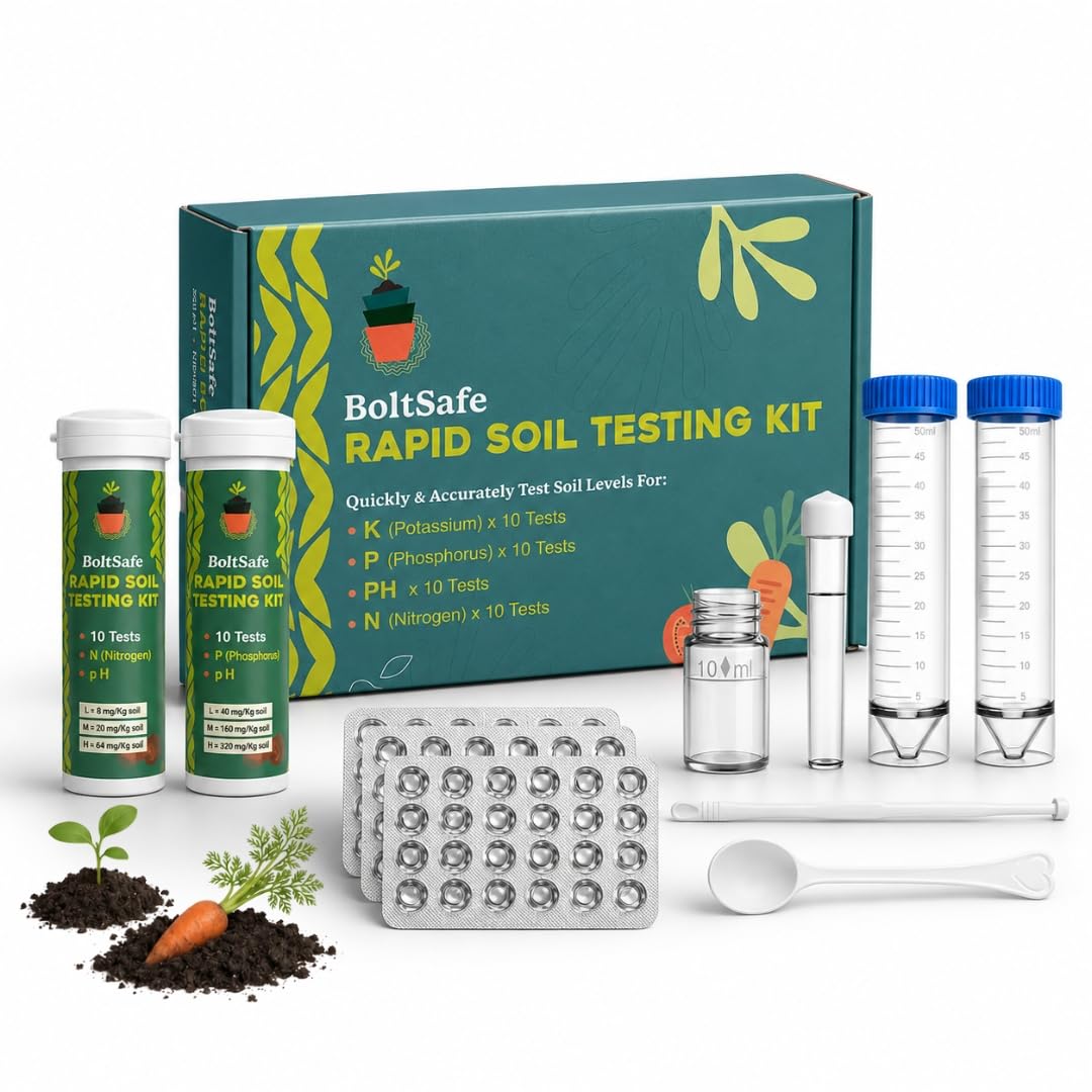 BoltSafe Soil Test Kit 4 Parameters - 40 Test Soil Testing Kit for Lawn, Garden & Plants – pH, Nitrogen, Phosphorus & Potassium Soil Tester for Vegetable Gardens