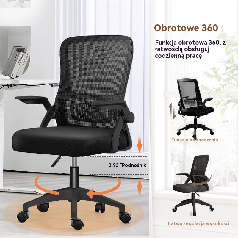 Krzesło Biurowe,Ergonomiczne Obrotowe Krzesło z Oddychającej Siatki z Podnoszonymi Podłokietnikami i Wsparciem Lędźwiowym do Komputera - Domowe Biuro(Czarny)