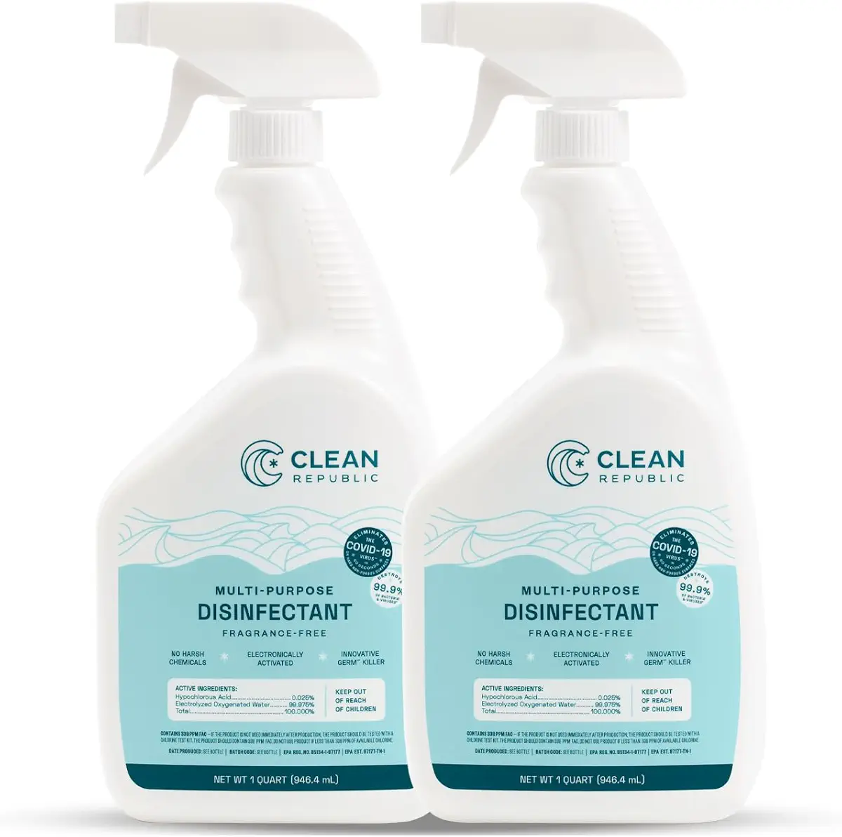 Clean Republic Multi-Purpose Disinfectant Antibacterial Spray, For Disinfecting and Deodorizing, Bleach Free and Fragrance Free, 32oz - 2 Pack