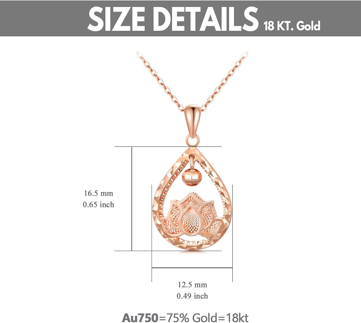 SISGEM 18k Rose Gold Lotus lotus flower Necklace for Women, Real Gold Teardrop Pendant and Chain Jewelry Gift for Her, 16-17 Inch - Image 2