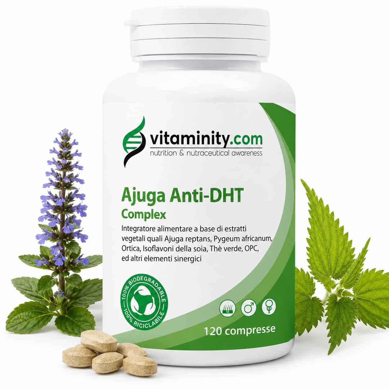 Vitaminity Ajuga Anti-DHT Complex, Integratore per calvizie e prostata, a base di Ajuga e altri estratti vegetali anti-DHT - Formato da 120 compresse