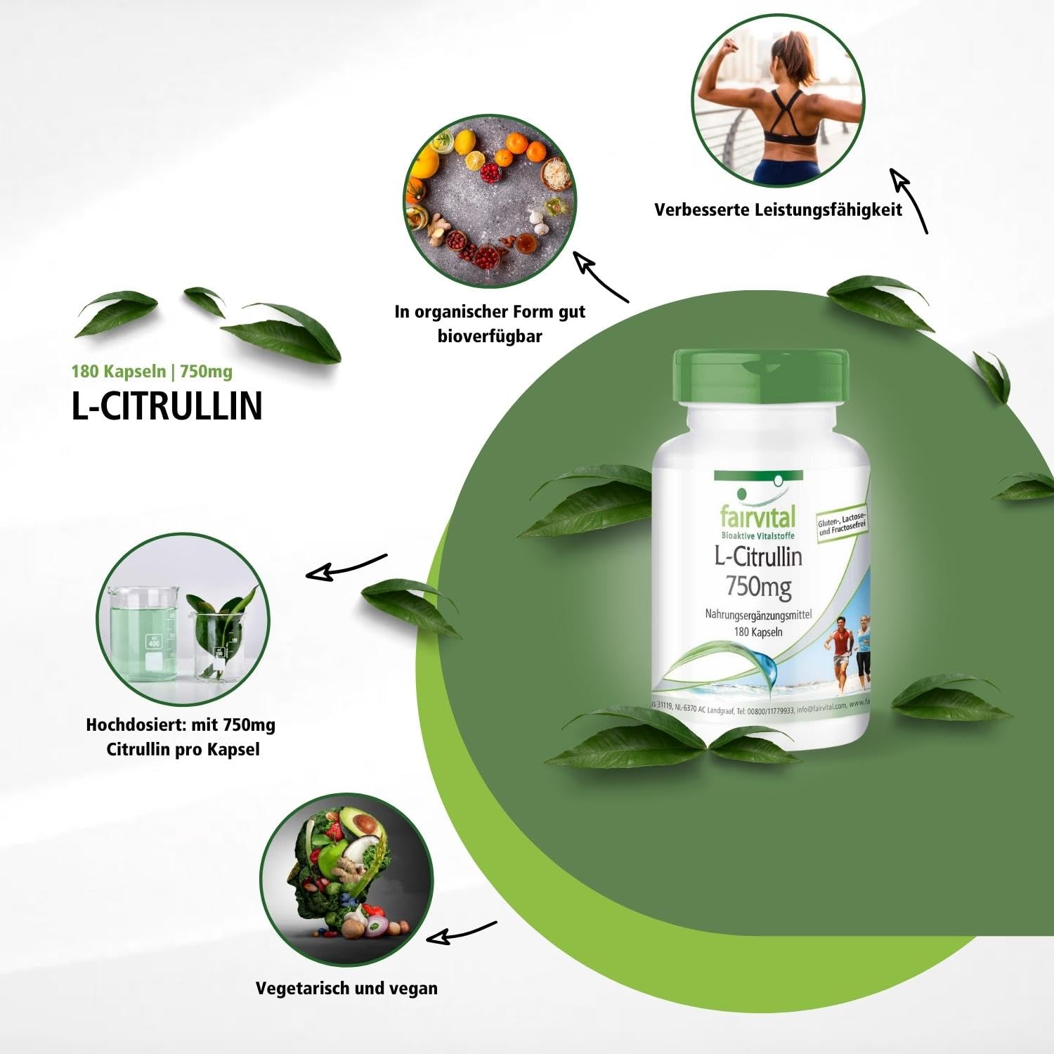 fairvital L-Citrullin Kapseln 750mg, HOCHDOSIERT, VEGAN, 180 Kapseln