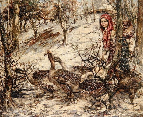 Toile la fille aux oies d'Edward Atkinson Hornel pour habiller un grand mur vide