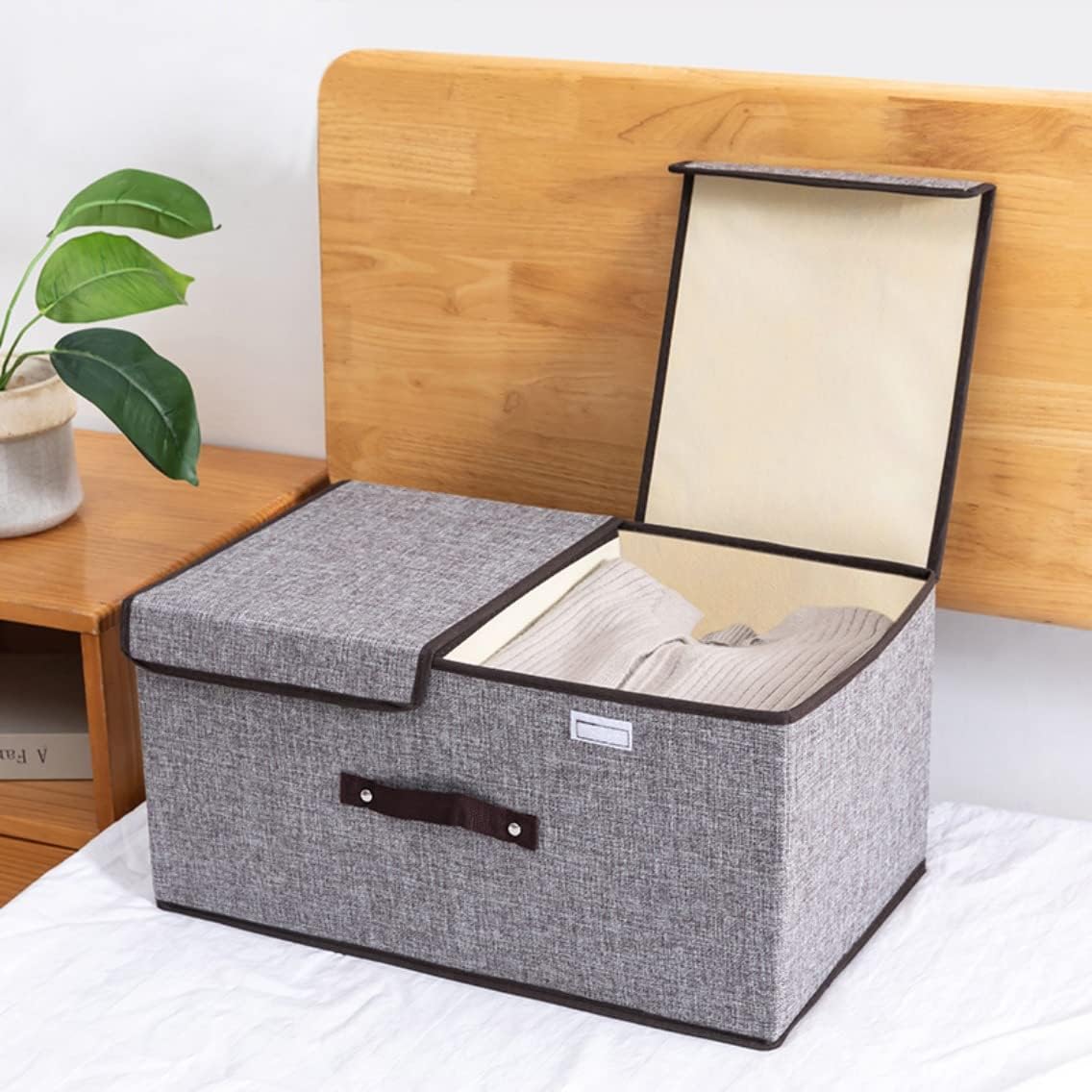 wolpinStorage Basket with Double Lid Stackable Bins Wardrobe Clothes Closet Organizer Foldable Rectangular Drawer Box Storage Bins with Handle, Grey, Oxford Fabric