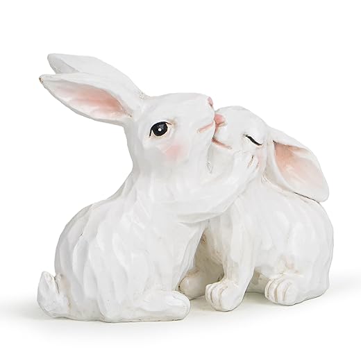 Hodao Easter Bunny Figurine Spring Decor for Home, White Rabbit Couple Statue for Shelf Tabletop Tiered Tray Mantel, Romantic Family Love Easter Decor, Farmhouse Bunny Decoration