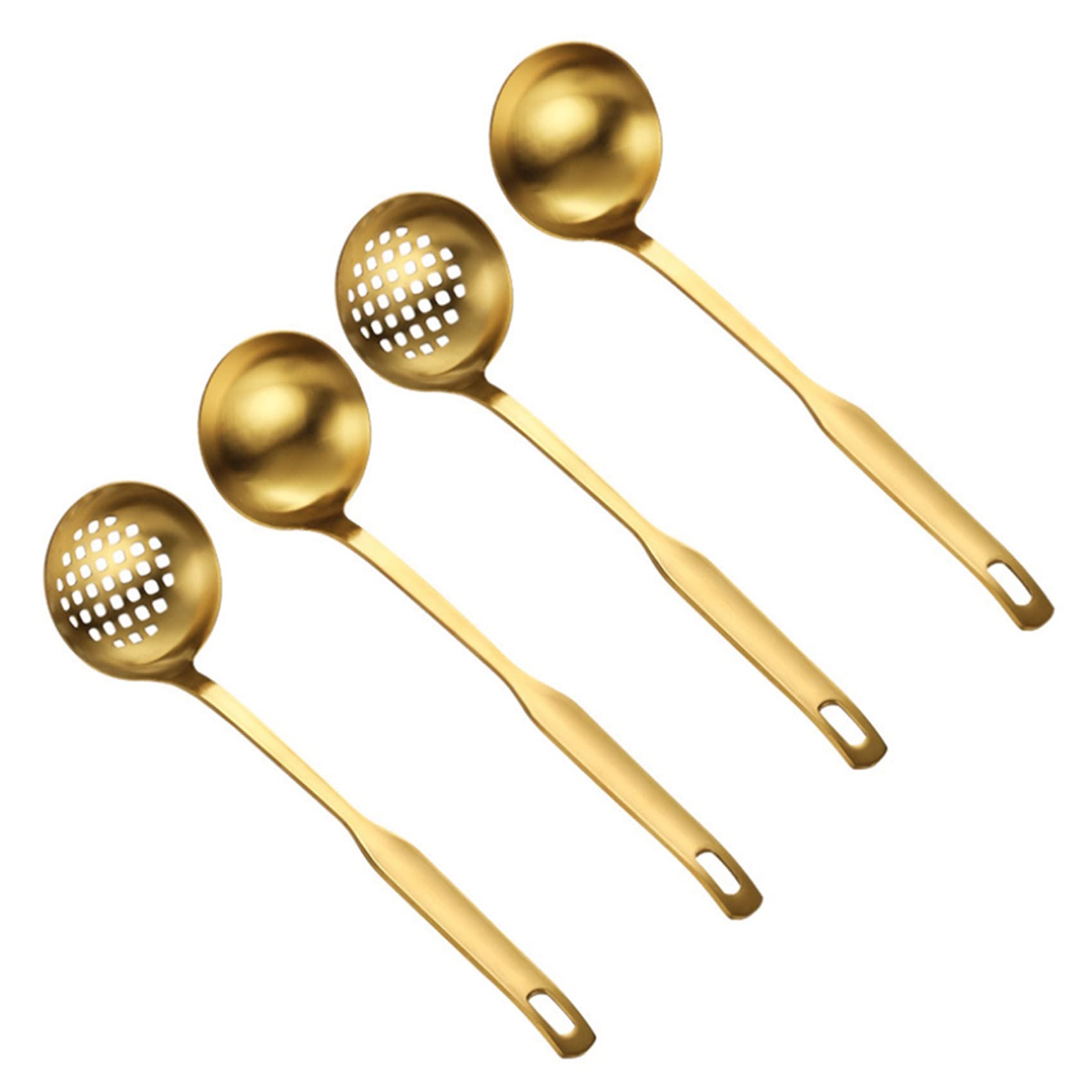 Hndhbfgrt Gold Soup Ladle Colander Set, Long Handle Stainless Steel Kitchenware Cookware Serving Spoon, for Cooking Utensil(4 PCS)