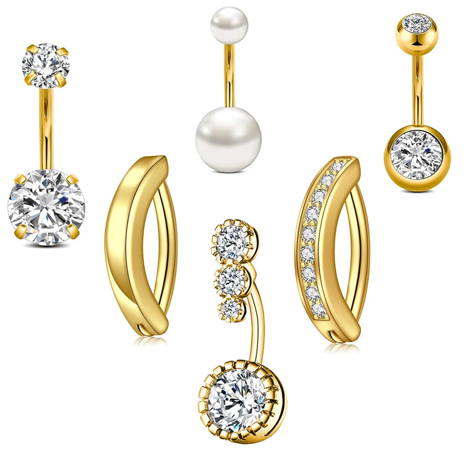 CharmBurst 6 Stück Edelstahl Bauchnabelring Set, Goldfarben, Klassisch kurz mit glänzendem Zirkon-Inlay, Faux-Perlen dekoriert, Geeignet für tägliche Trage und Piercings