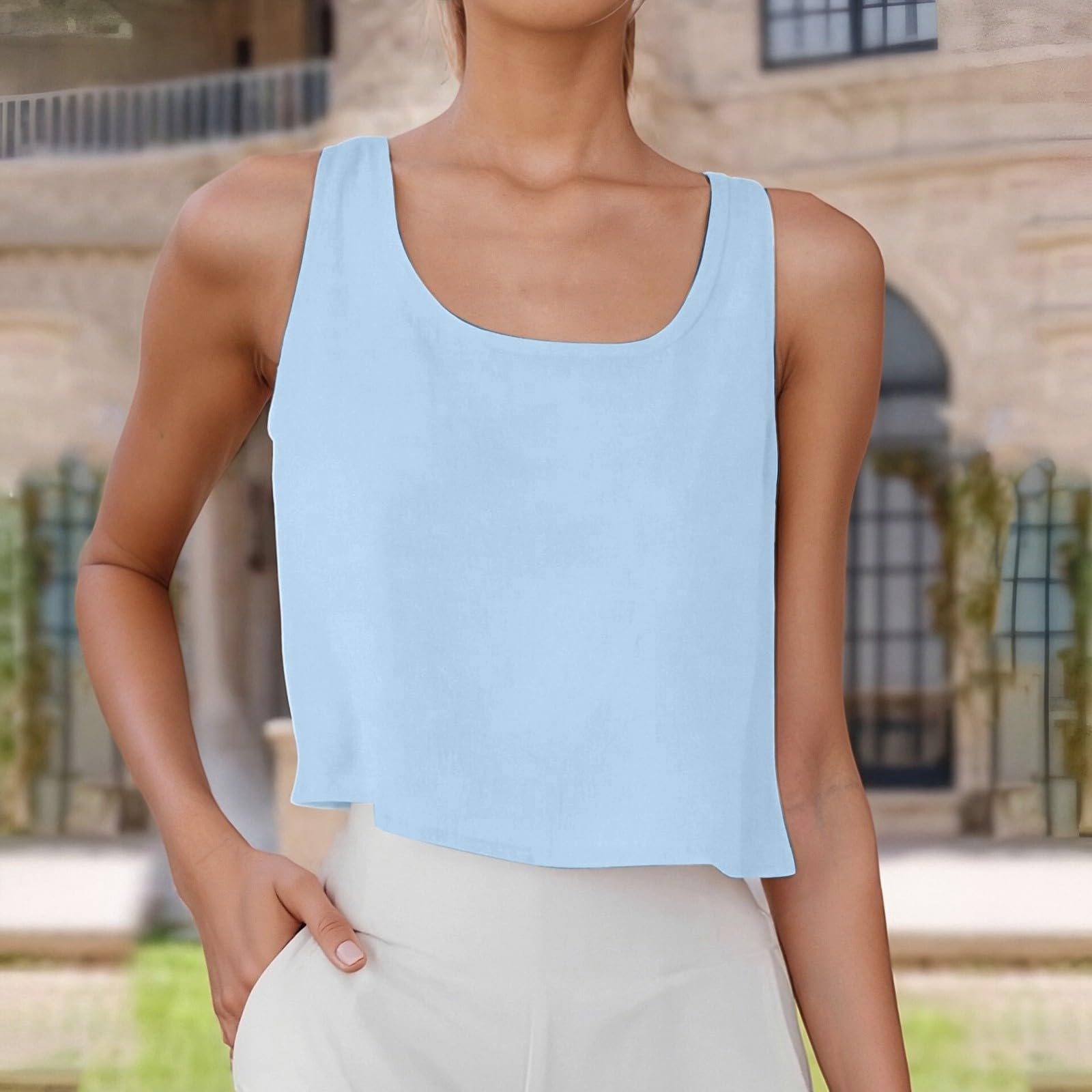 Camiseta de tirantes para mujer, mezcla de lino, sin mangas, cuello redondo, camiseta con botones, cómoda, transpirable, ajuste holgado, cuello en U