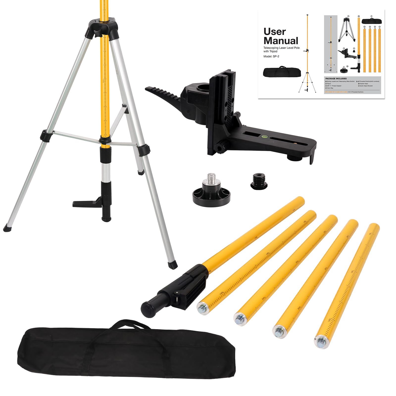 12Ft Telescoping Laser Level Pole with Tripod - Adjustable Laser Stand with Dual Thread Adapter (1/4"-20 & 5/8"-11) for Rotary and Line Lasers,