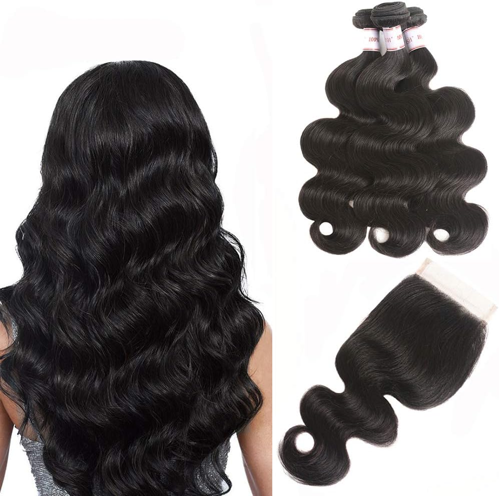 Karbalu Hair 10A Brazilian Body Wave Bundles with Closure Brazilian Virgin Hair 3 Bundles 100% Unprocessed Human Hair Weave with Lace Closure Virgin Body Wave Hair Extensions (20 22 24+18" Closure)