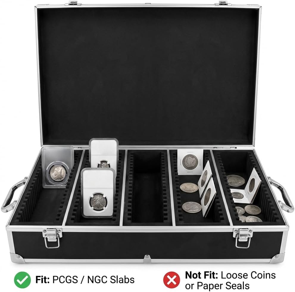 QWORK Coin Storage Box, 100 Graded Coin Slab Case, Trading Card Storage Box for PCGS, NGC & More, Coin Holder Display Case, Coin Collection Supplies, Black