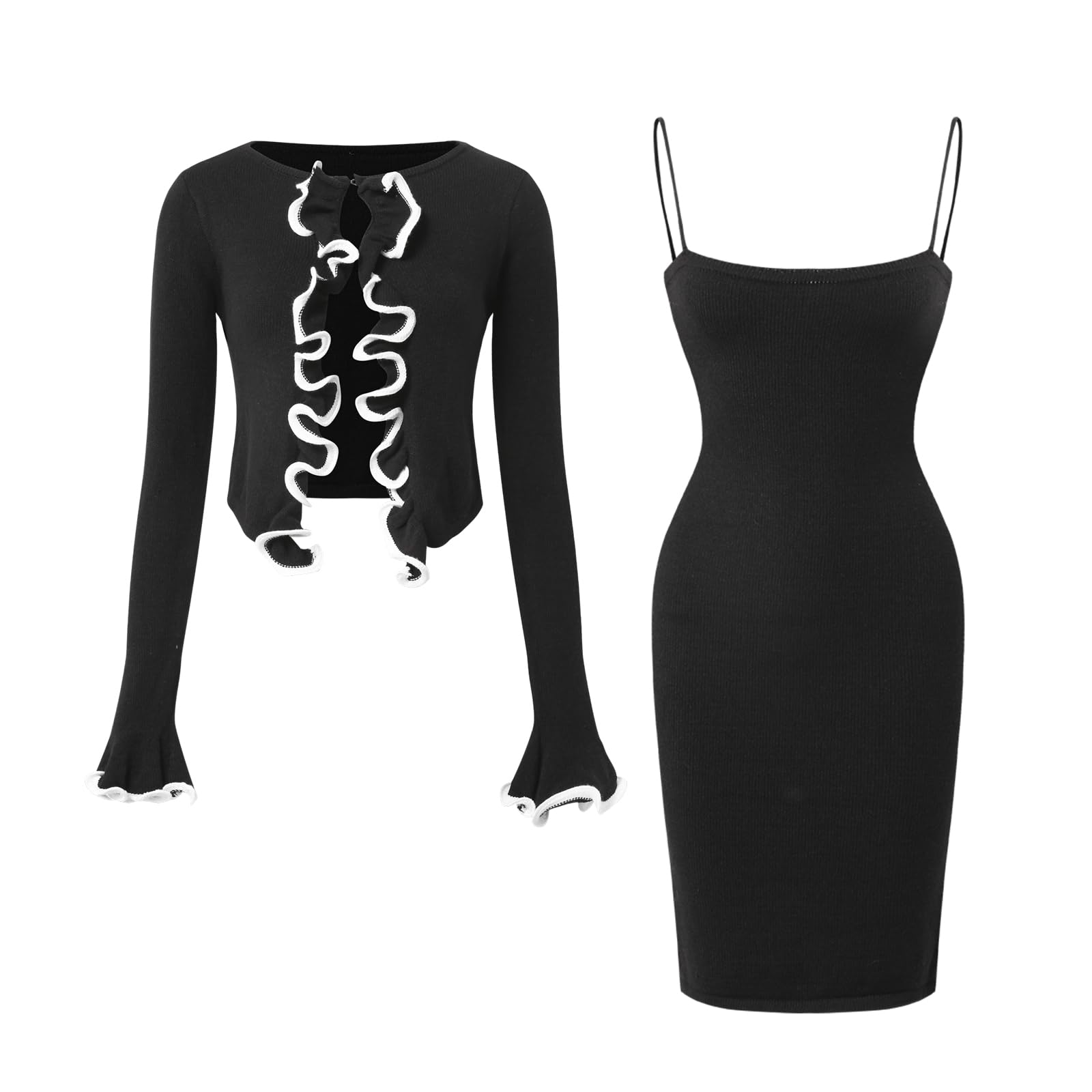 Womens Knit Sweater Dress Set - Bodycon Midi Dress Long Sleeve Cropped Cardigan Contrast Trim 2-Piece Outfit