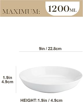 MALACASA Regular Series 6-Piece Pasta Plate Soup Plate Cream White Porcelain Salad Plate Serving Plate Deep Plate for Spaghetti Large Soup Bowl for Pasta Soups Salad Fruit 1200 ml