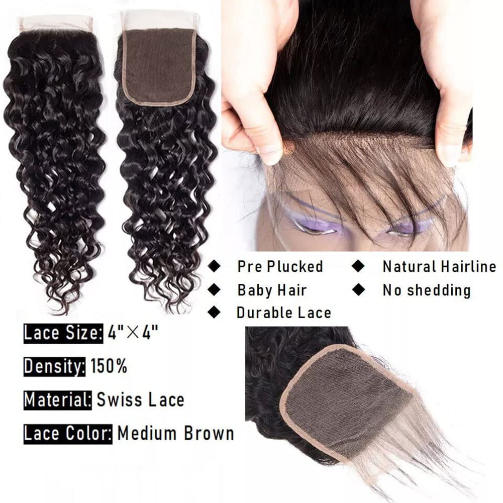 vallbest Water Wave Bundles Human Hair with Closure Wet and Wavy 3 Bundles with 4x4 Lace Closure Free Part (12 14 16+10)100% Unprocessed Virgin Curly Bundles Hair Extensions for Black Women - Image 4
