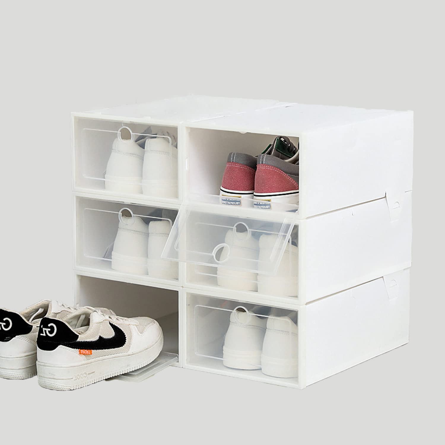 SHENGMEIShoe box, 6 Pack Shoe Organizer, Clear Plastic Stackable Sneaker box, Shoe box storage, Space Saving Shoe Holder Sneaker Display Case (6pcs, White)