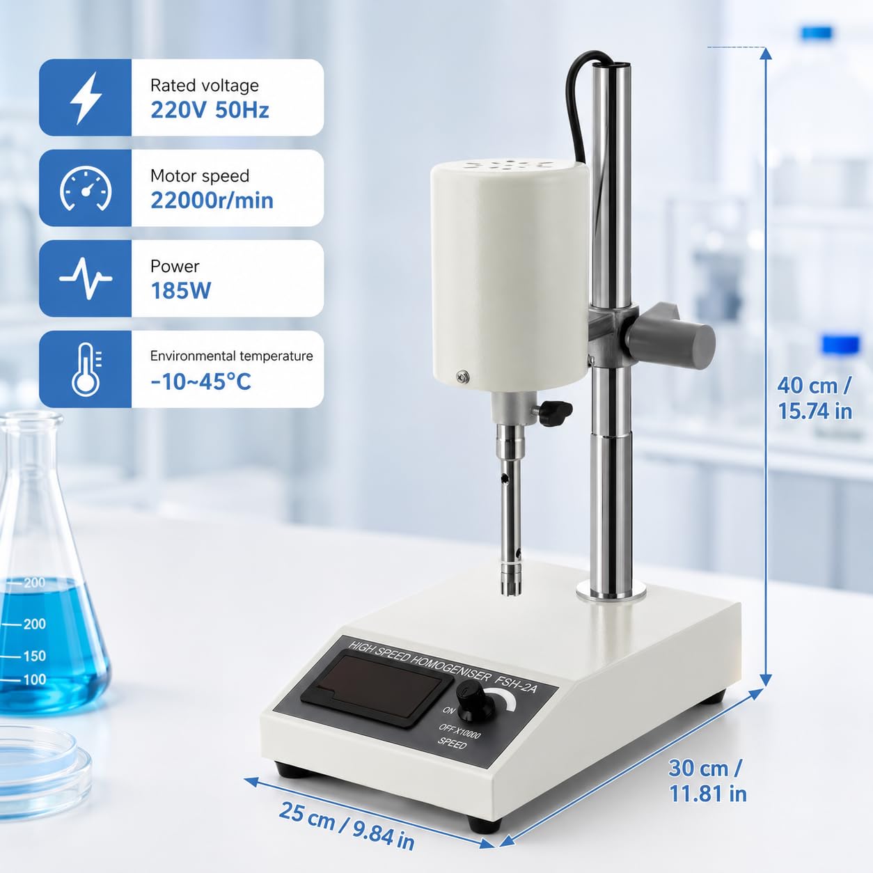 Labor-Homogenisator, digitaler Dispergator, Emulgator, 8000-22000 U/min, höhenverstellbar, für Medien, Zelldispersion, Kosmetik, Lebensmittel – 5-500 ml Kapazität