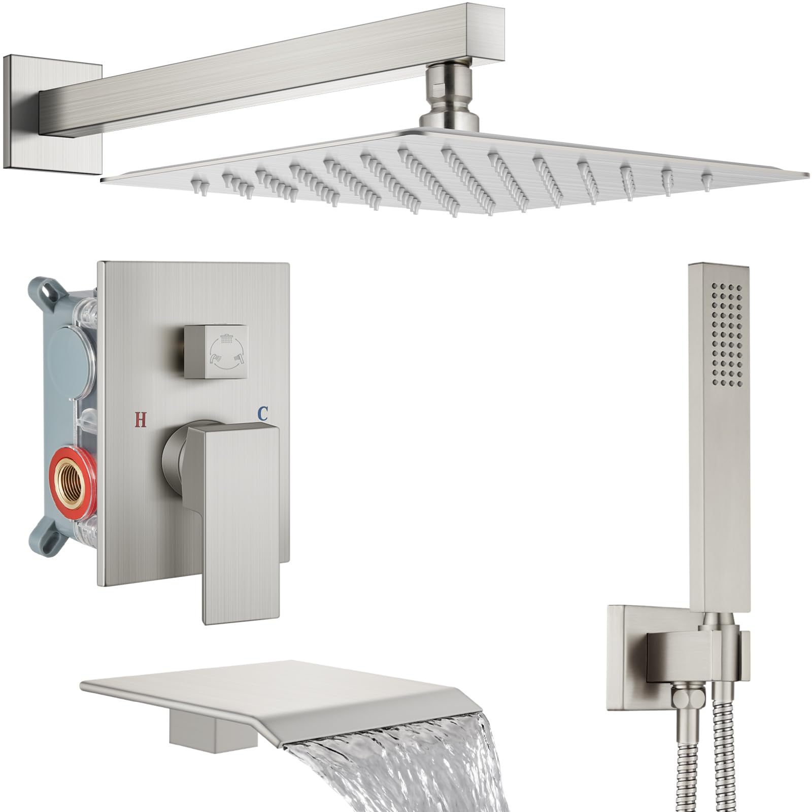 Sxithgkdw Brushed Nickel Shower System With Tub Spout,Bathtub Shower Faucet Set With Square Rainfall Head And Handheld Sprayer Wall Mount Tub Faucet Set With Valve And Trim Kit,12 Inch