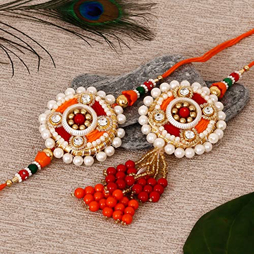 Image of eCraftIndia Beads, Pearls, Decorative Bhaiya Bhabhi Rakhi Set with Best Bro Ever Fridge Magnet and Roli Chawal Pack