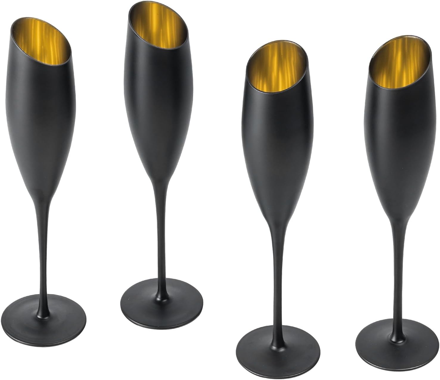 MyGift Matte Black and Gold Angled Rim Stemmed Glass Champagne Flutes, Sparkling Wine Toasting Glasses for Drinking Prosecco Cocktails Mimosa, Stemware Set of 4