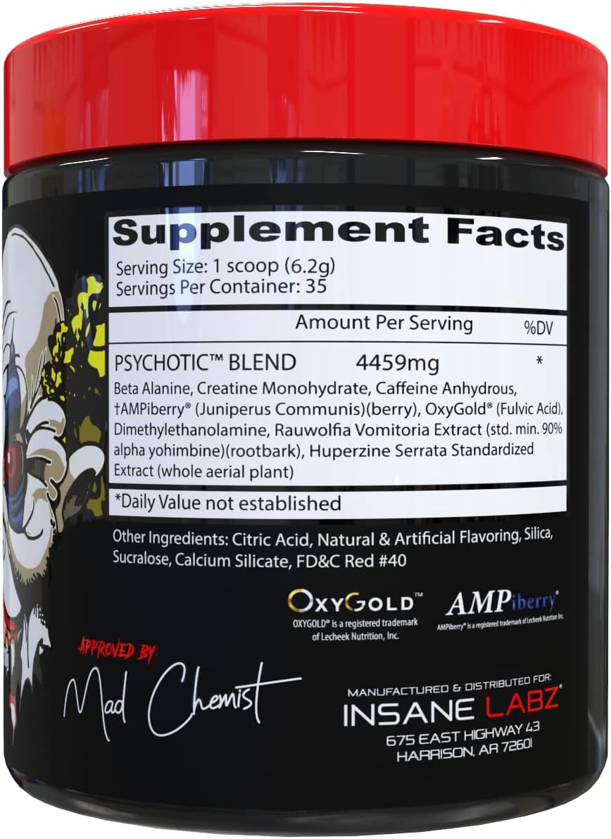 Insane Labz Psychotic, High Stimulant Pre Workout Powder, Extreme Lasting Energy, Focus and Endurance with Beta Alanine, Creatine Monohydrate DMAE, 35 Srvgs (Fruit Punch) : Health & Household