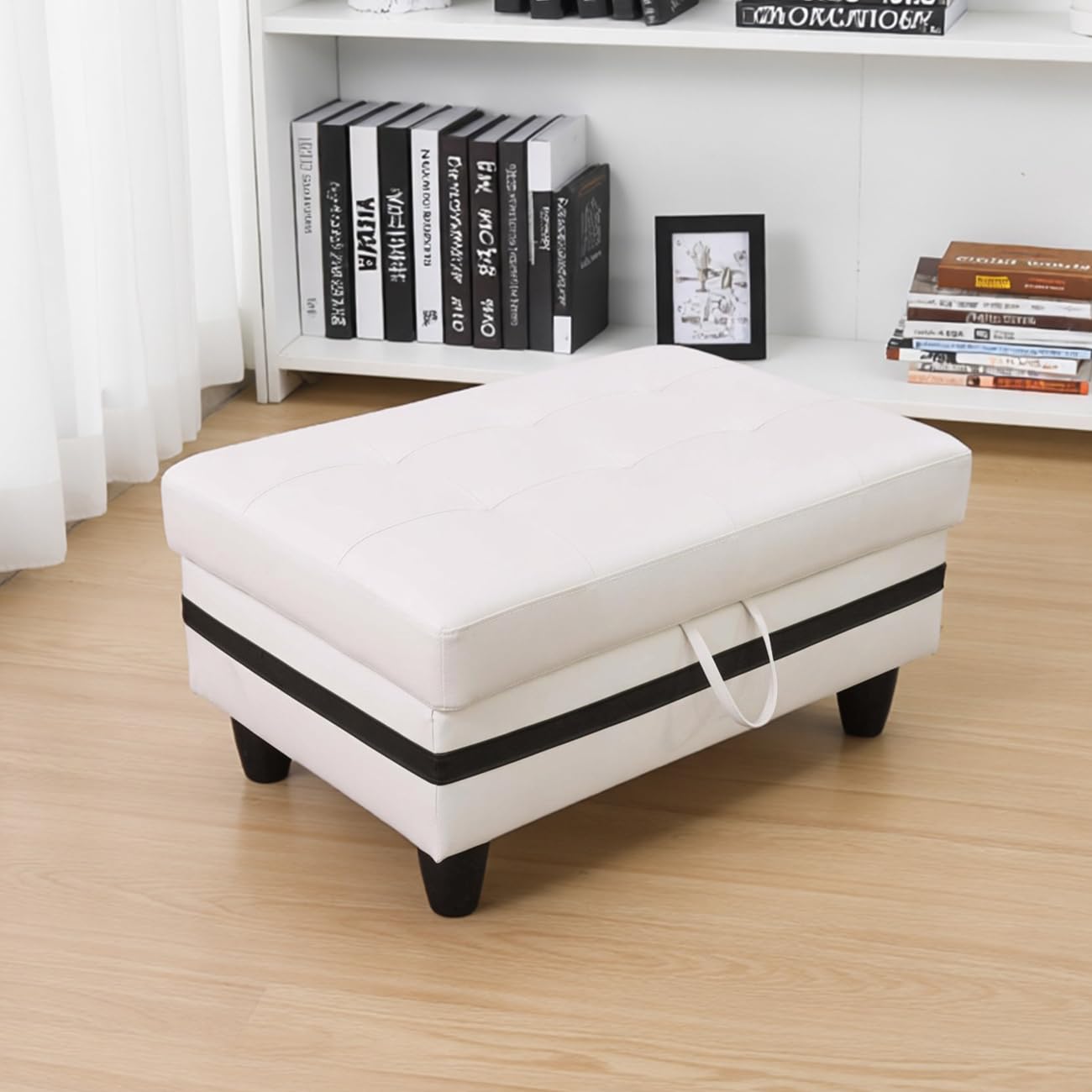 leather storage ottoman bench,33.5" large square ottoman with storage, foot rest footstool bench coffee table with thick cushion for home decor/entryway/living room/bedroom/rv car,white&black