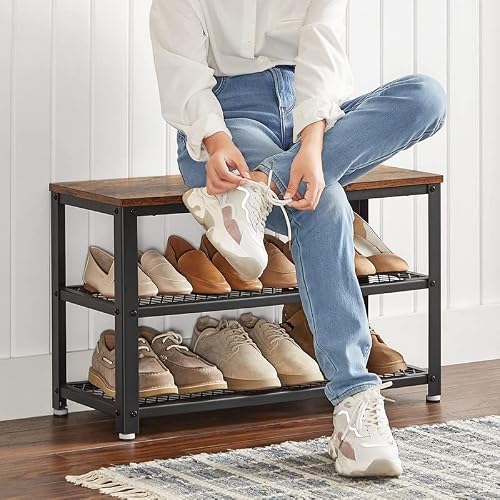 Vasagle Shoe Bench, 3-Tier Shoe Rack, 11.8 X 28.7 X 17.7 Inches Shoe Shelf Storage Bench With Metal Mesh Shelves And Seat, Free Standing Shoe Organizer For Entryway, Rustic Brown And Black #TOP6