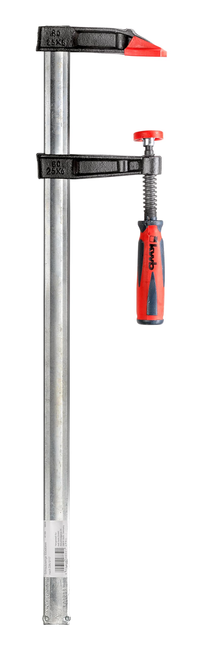 kwb Profi Schraub-Zwinge mit 2-Komponentengriff 80x500, Spann-Weite 500 mm, Spanntiefe 80 mm, Spannbacken aus Temperguss-Stahl, Schraubzwenge mit Hohlprofilschiene