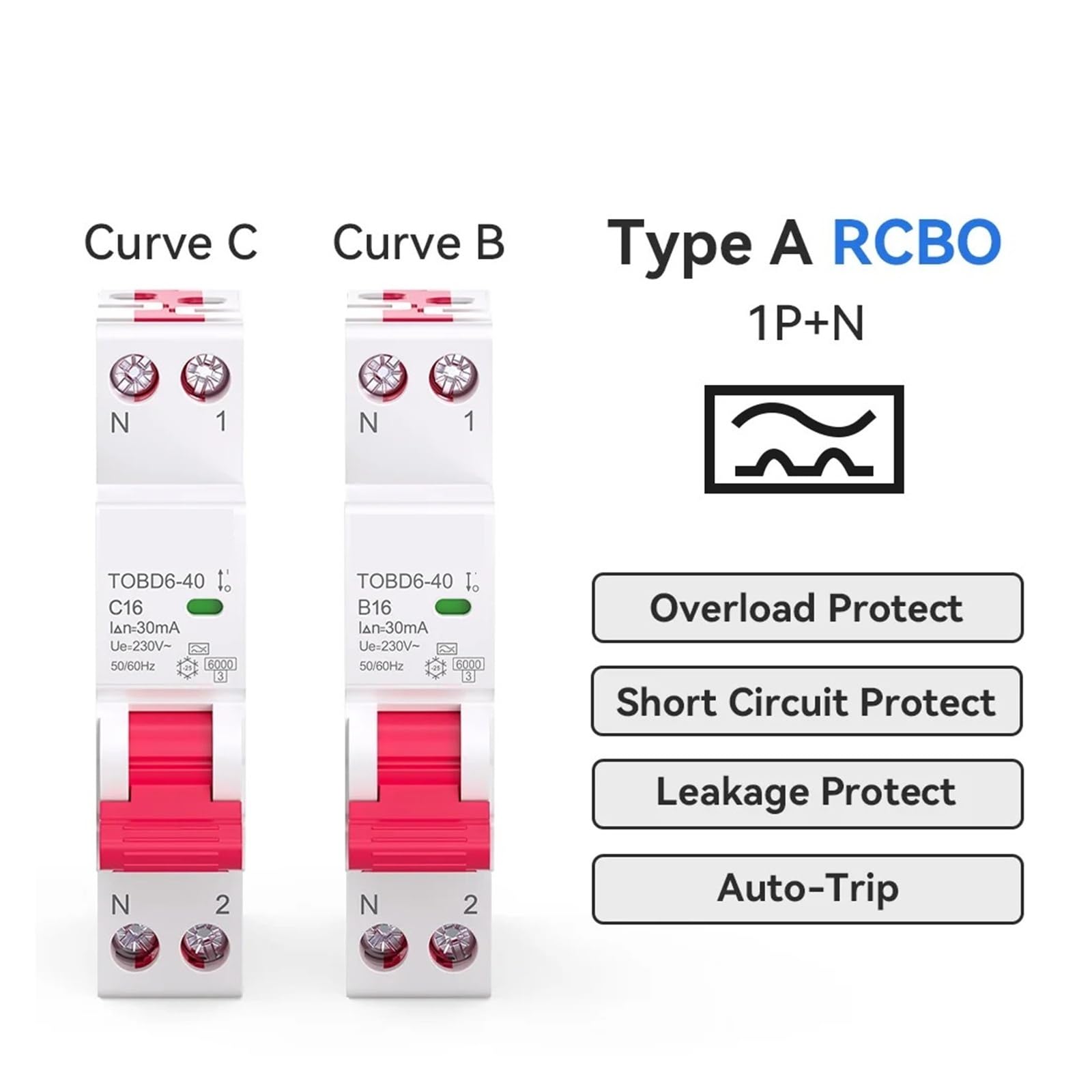 Disyuntor RCBO Tipo A 6kA 30mA/10mA 16A,25A,32A,40A 1P+N Con Protección Contra Sobrecargas Y Fugas(30mA,B16A)