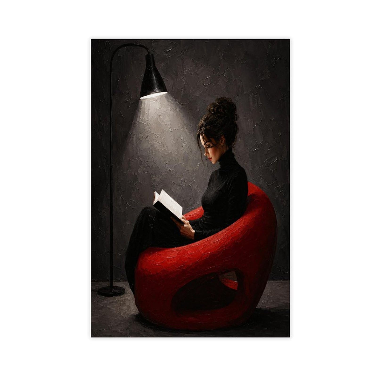 W7c8u2x3 Unframe-Style-7 Woman Reading By Floor Lamp Canvas Wall Art, Red Chair Gallery Wall