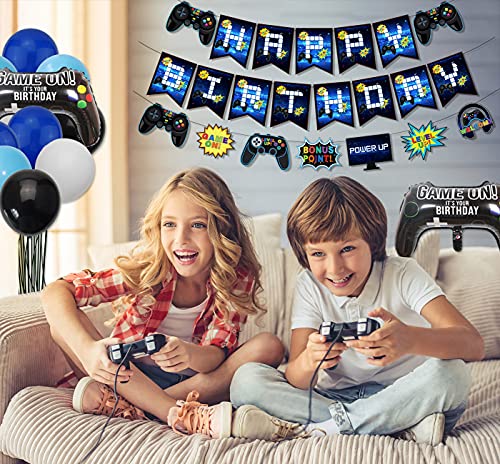 Video Game Party Supplies - Including 3 Happy Birthday Gaming Banners, 1 Tablecloth, 10 Cake Toppers, 36 Game Themed Balloons For Kids And Boys Birthday Party Decorations #TOP4