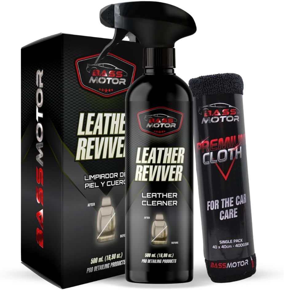 BassMotor Leather, Skin, and Alcantara Cleaner for Car Cleans, Degreases, and Conditions Seats and Upholstery - Leather Reviver 500 ml + Premium Cloth