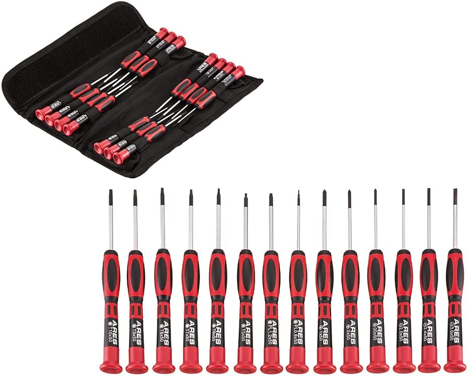 ARES 70602-14-Piece Precision Screwdriver Set - S2 Steel Screwdriver Shafts - Phillips, Slotted, Torx, & Pentalobe Sizes - Convenient Storage Pouch Included